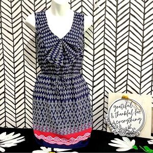 Slip-On Cinched Waist Dress in Dark Blue, White & Melon Pink, Sz M